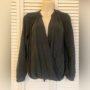 Rebecca Taylor Silk Chiffon Wrap Black Blouse Size 4 Quilted Fringe Office Chic